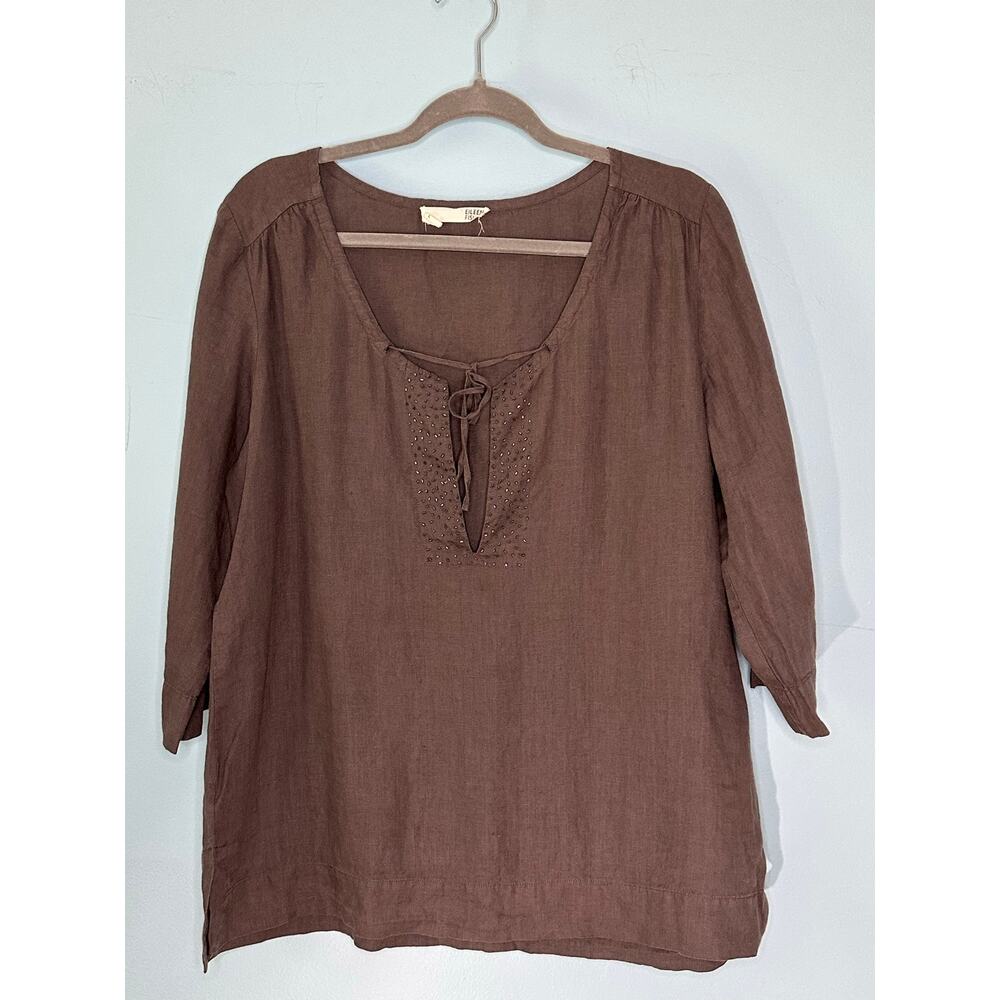 Eileen Fisher brown linen blouse beaded split neckline 100% Irish Linen Size L